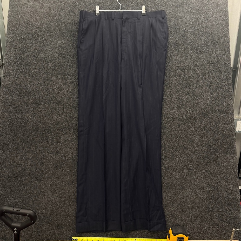 Vintage 1950s Wool Pleated Cuffed Pinstripe Navy Dress Trousers Mens 38x32